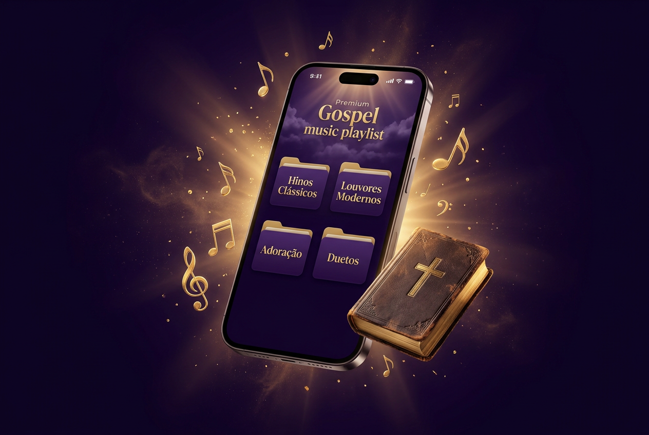 Celular mostrando pastas organizadas de louvores gospel
